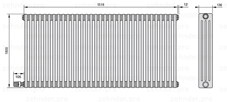 Схема (чертеж) Радиатор Zehnder Charleston 4180/33 №V004 Белый глянцевый RAL 9016